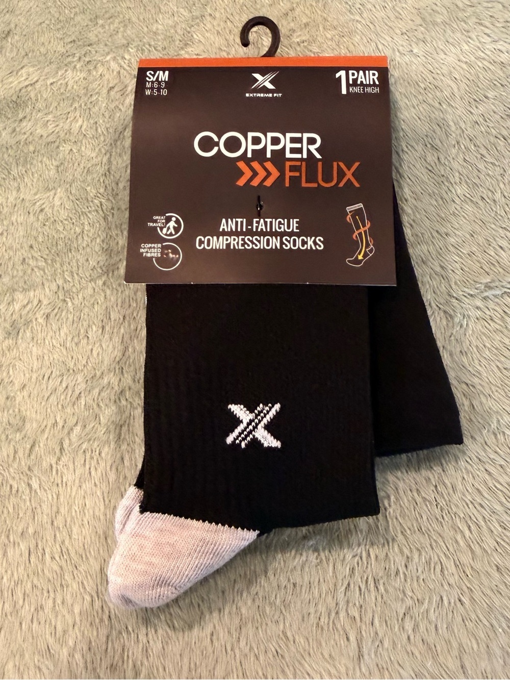 Copper Flux Anti-Fatigue Compression Socks Knee High Black Gray S/M NWT